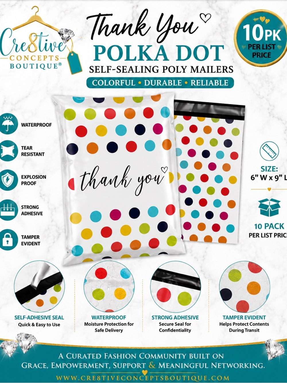 10-Pack Thank You Polka Dot Self-Sealing Poly Mailers 6x9 Shipping Bags